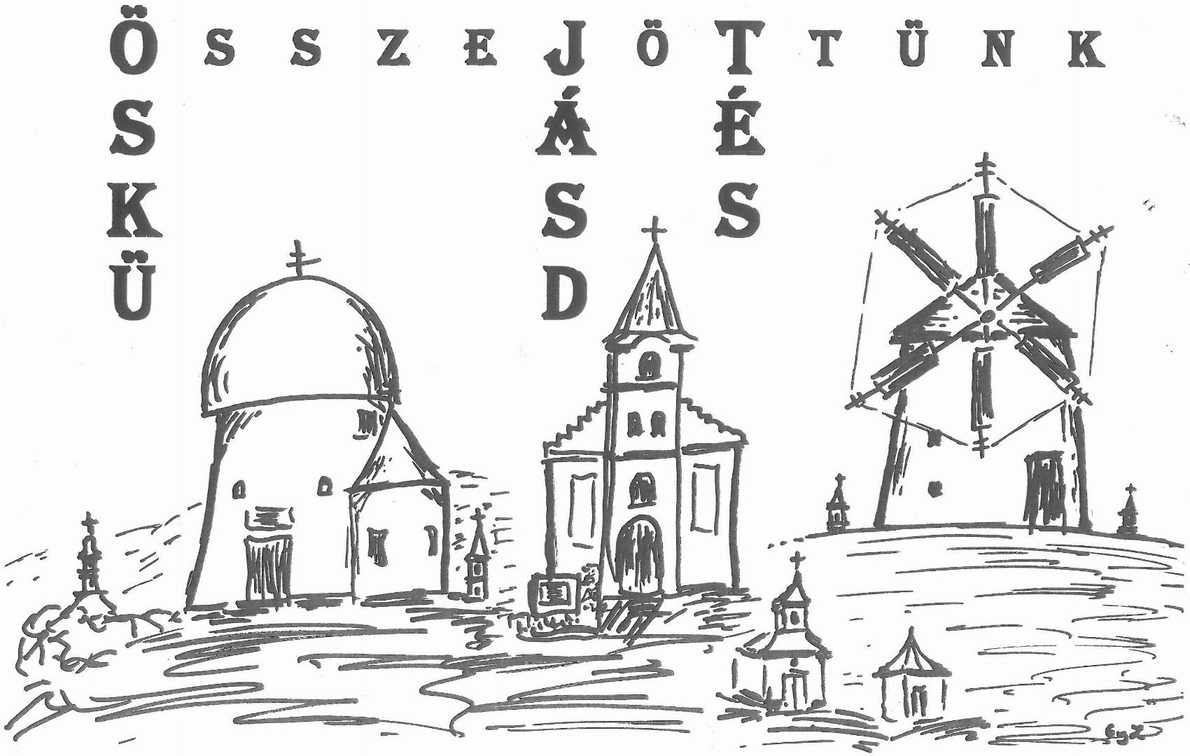 Középen Összejöttünk felirat, az ö-ből lefelé öskü, j-ből jásd, t-ből tés olvasható. Alatta rajzolt képen balról jobbra: az ösküi kerektemplom, a jásdi Szűz Mária a Világ Királynéja templom, és a tési Szélmalmok található.