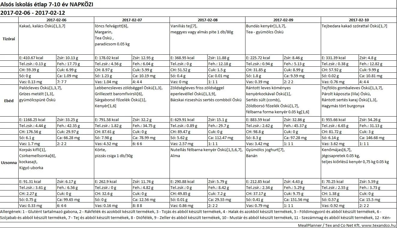Iskola napközis alsós étlap