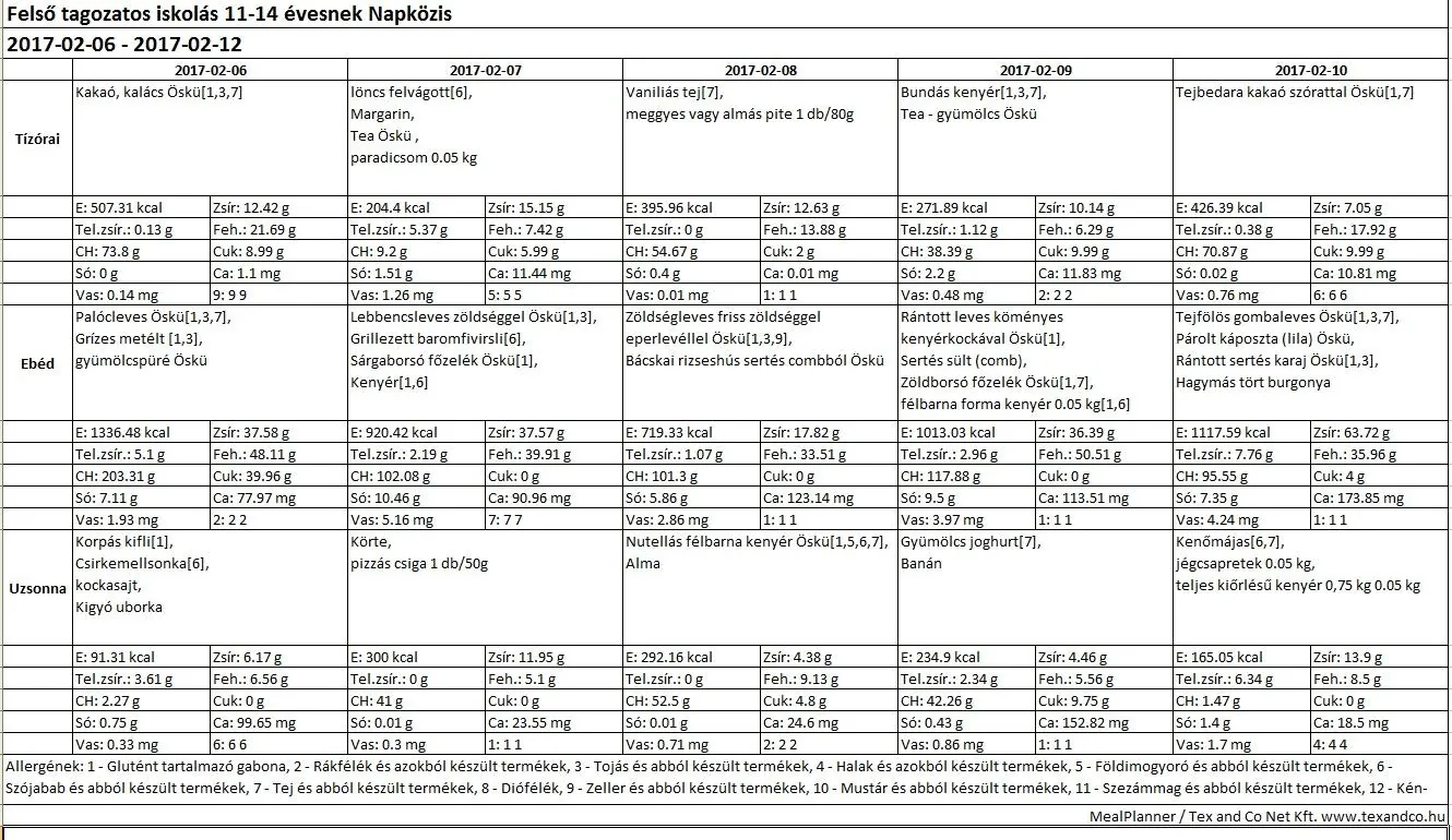 Iskola napközis felsős étlap