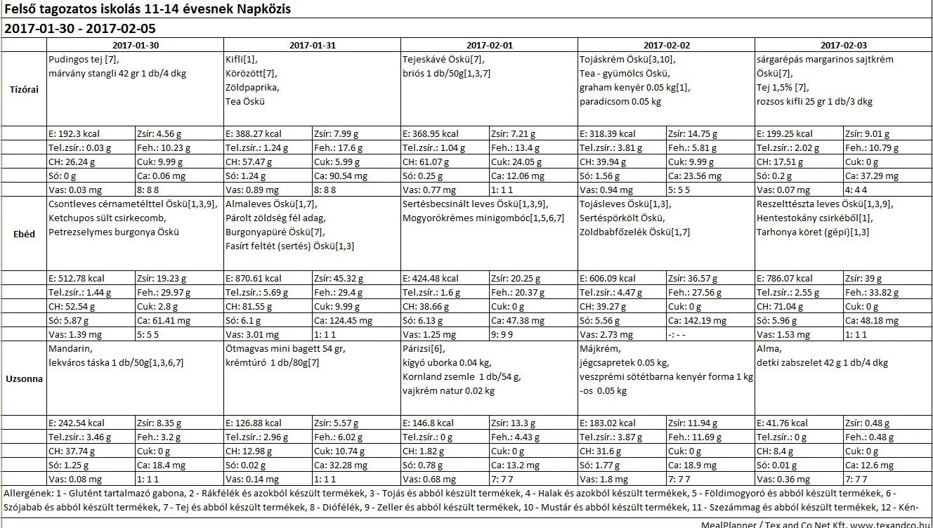 Iskola napközis felsős étlap