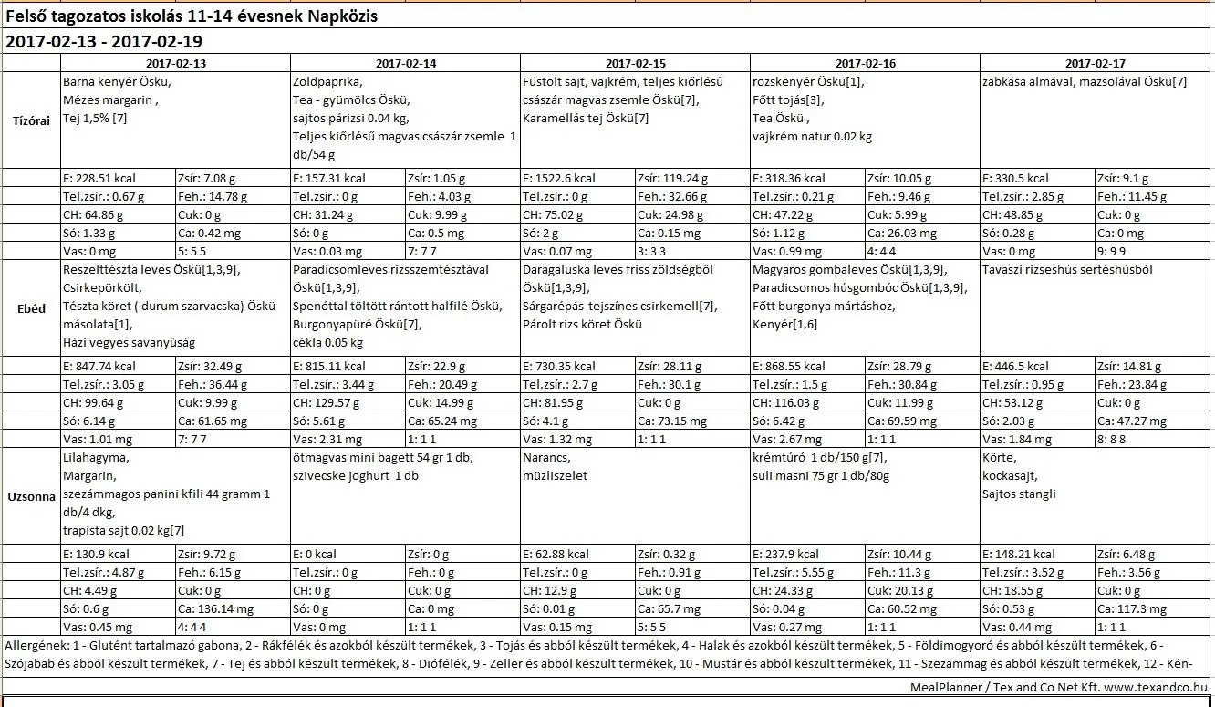 Iskola napközis felsős étlap