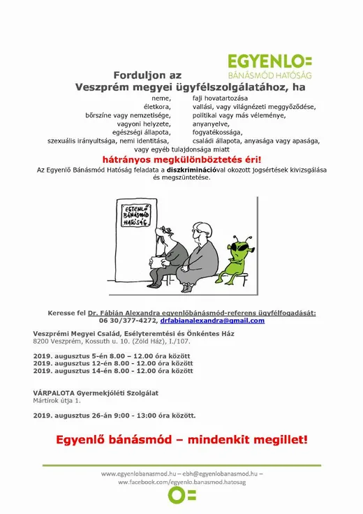 'Egyenlő bánásmód ügyfélfogadás augusztus' cikk borítóképe