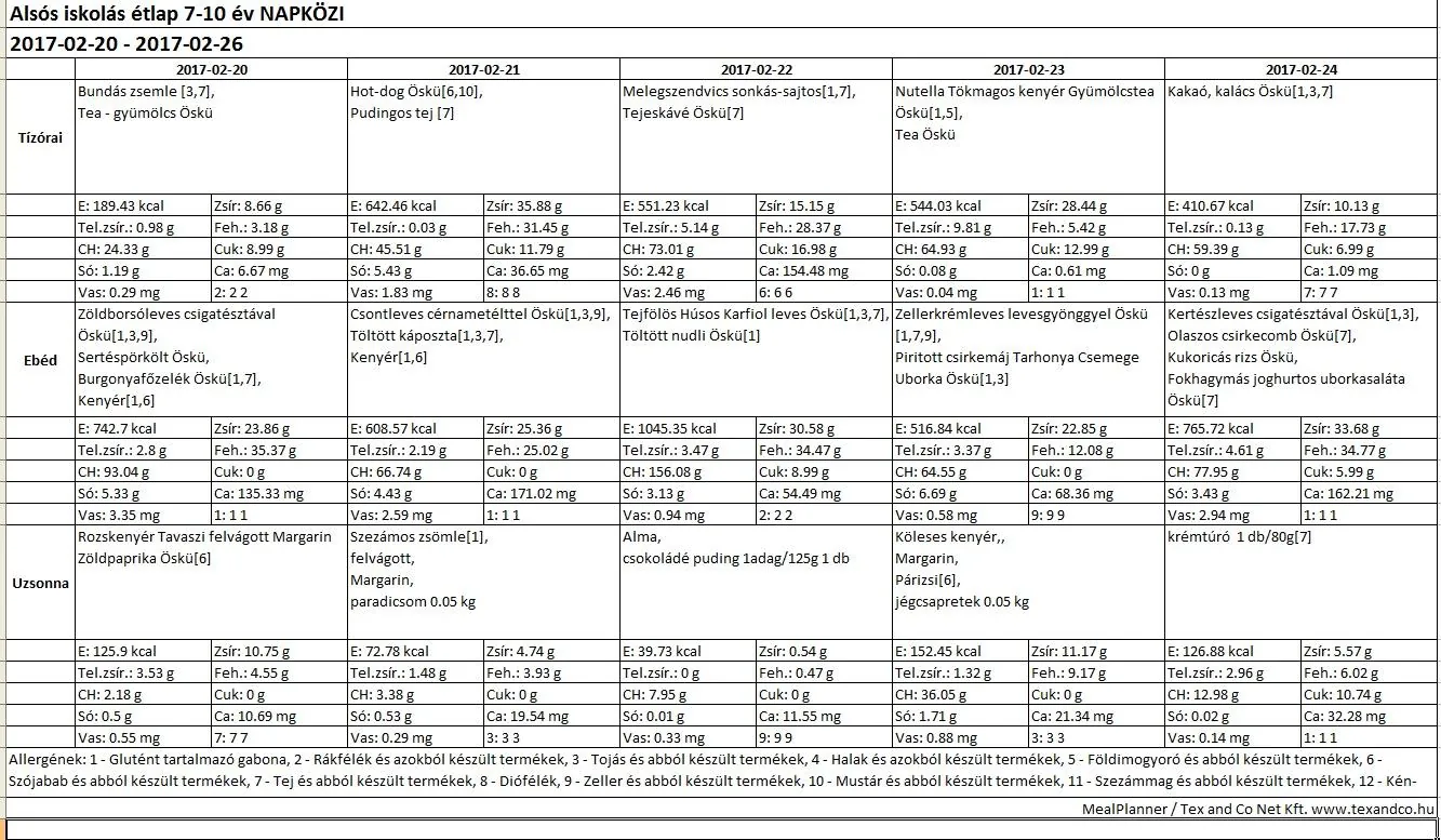 Iskola napközis alsós étlap